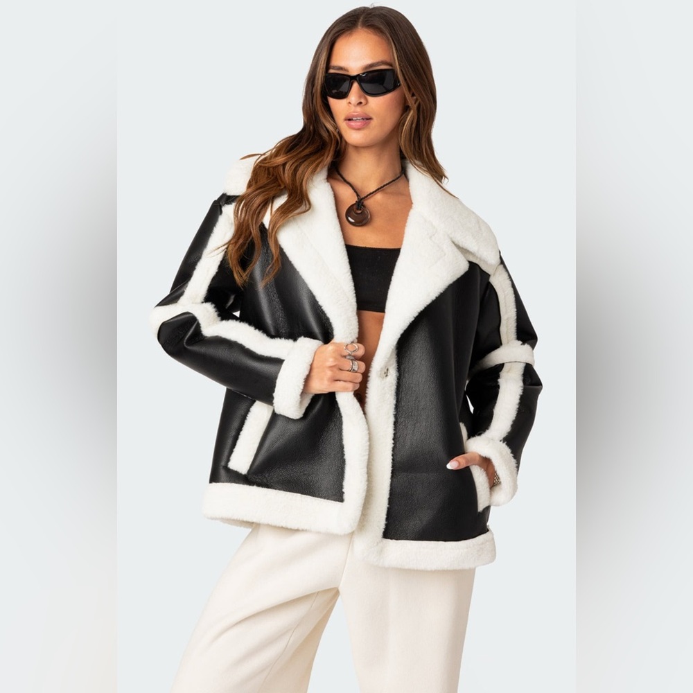 Edikted Rocki Oversized Faux Leather Shearling Jacket